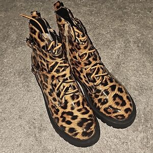 Boohoo Leopard Neon Lace Hiker Boots